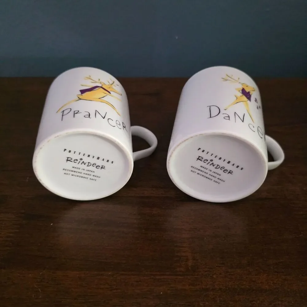 Vintage 2 Pottery Barn Christmas Reindeer Mugs Dancer Prancer w/Silver Rims